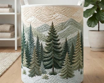 Mountain View Quilted Laundry Hamper: Pine Tree Forest Storage Bin, Nature Lover Gift