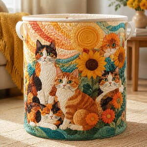 May include: A cylindrical fabric storage basket featuring a quilted design with four cats, sunflowers, and a large sun. The cats are depicted in calico and orange tabby patterns. The background includes swirling blue and orange textures.