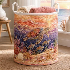 Könnte beinhalten: Ein zylindrischer Wäschekorb aus Stoff mit zwei weißen Griffen und einem gesteppten Design, das Meeresschildkröten in einer Unterwasserwelt mit Korallen, Muscheln und einem Sonnenuntergang zeigt. Zwei gefaltete Handtücher liegen im Korb.