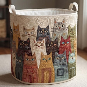 Puede incluir: Una cesta de almacenamiento cilíndrica de tela con un intrincado patrón acolchado de varios gatos en diversos colores, incluyendo naranja, negro, gris, rojo y verde. El exterior muestra caras de felinos bordadas y dos asas laterales.