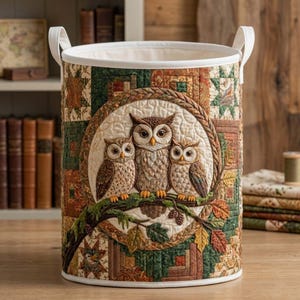 Owl Family Quilted Laundry Basket: Forest Bird Storage Bin, Patchwork Clothes Hamper