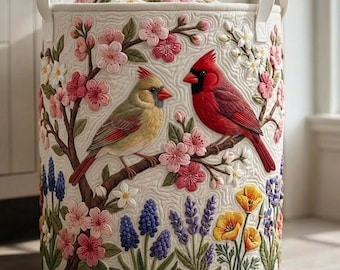 Spring Cardinals Quilted Laundry Basket: Bird Cherry Blossom Storage Bin, Nature Lover Gift