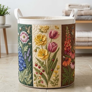 Boho Floral Quilted Laundry Basket: Floral Patchwork Clothes Hamper, Gift For Her