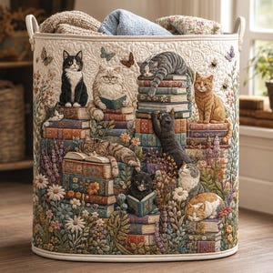 May include: A cylindrical fabric laundry hamper featuring a quilted cream-colored exterior decorated with an intricate print of various cats sitting on and around stacks of colorful vintage books, surrounded by detailed floral and butterfly motifs.