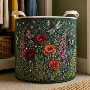 May include: A cylindrical dark green storage basket featuring quilted embroidery of red and orange poppies, purple foxgloves, ferns, butterflies, and a dragonfly. The design includes gold stitched stars and small integrated lights.