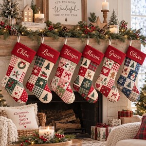 Custom Vintage Patchwork Christmas Stockings, Custom Family Stocking with Name, Family Xmas Gifts, Retro Stocking Holiday Fireplace Decor