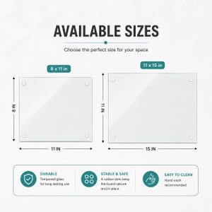 May include: Two rectangular tempered glass boards with four rubber dots at the corners. Sizes shown are 8 by 11 inches and 11 by 15 inches. Text includes AVAILABLE SIZES, DURABLE Tempered glass for long-lasting use, STABLE & SAFE 4 rubber dots, and EASY TO CLEAN.
