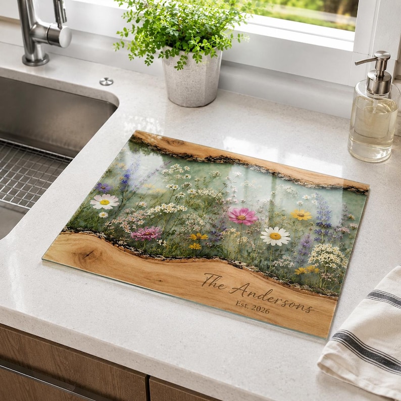 May include: A rectangular glass cutting board featuring a live edge wood design on the top and bottom borders. The center displays a vibrant meadow of wildflowers including daisies and cosmos. The text The Andersons Est. 2026 is printed.