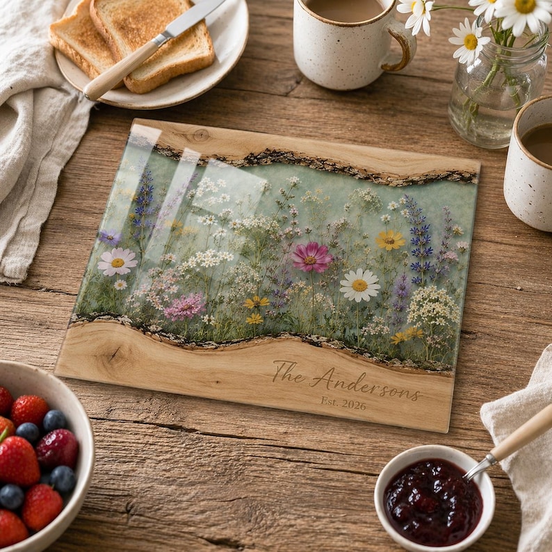 May include: A rectangular wooden serving board featuring a central resin inlay filled with pressed wildflowers in shades of pink, yellow, white, and blue. The wood has natural live edges, and the text "The Andersons Est. 2026" is engraved on the surface.