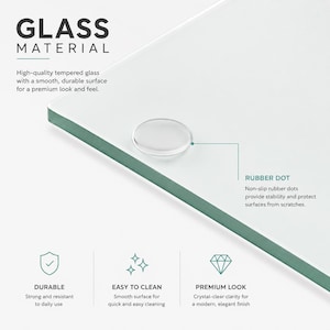 May include: A clear tempered glass sheet with a smooth surface and a single transparent rubber dot attached. Text on the image includes GLASS MATERIAL, RUBBER DOT, DURABLE, EASY TO CLEAN, and PREMIUM LOOK, describing the features of the glass.