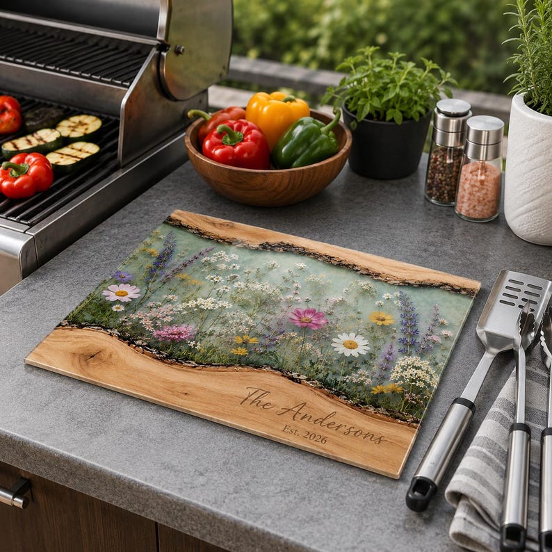 May include: A rectangular cutting board featuring a live edge wood border and a central resin inlay decorated with a colorful wildflower meadow print. The wood is engraved with the text The Andersons Est. 2026 in a cursive script font.