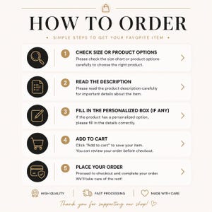 May include: An instructional graphic titled HOW TO ORDER with five numbered steps: 1. Check size or product options, 2. Read the description, 3. Fill in the personalized box, 4. Add to cart, 5. Place your order. Icons include a magnifying glass, list, pencil, cart, and credit card.