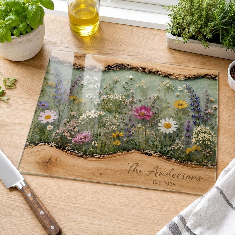 May include: A rectangular glass cutting board featuring a central panel of pressed wildflowers in shades of pink, yellow, white, and purple, bordered by natural wood edges. The wood is engraved with the text The Andersons Est. 2026.