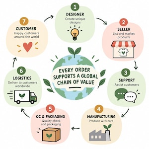 May include: A circular infographic titled EVERY ORDER SUPPORTS A GLOBAL CHAIN OF VALUE featuring a central globe icon surrounded by seven numbered steps: Designer, Seller, Support, Manufacturing, QC & Packaging, Logistics, and Customer.