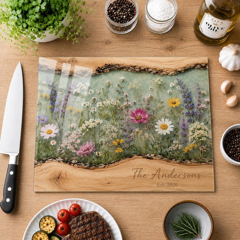 May include: A rectangular wooden cutting board with a live edge and a central resin inlay featuring a colorful pressed wildflower meadow design. The wood is engraved with the text The Andersons and Est. 2026 in a script and serif font combination.