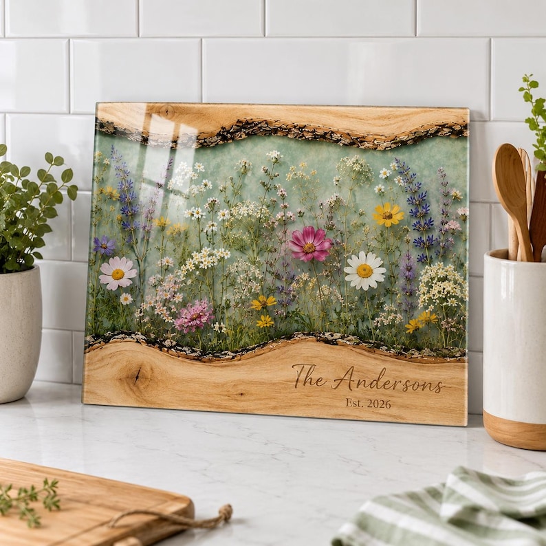 May include: A rectangular wooden serving board featuring a central resin inlay filled with pressed wildflowers in shades of pink, yellow, white, and purple. The wood has natural live edges. The text "The Andersons Est. 2026" is engraved on the front.