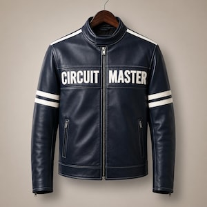 Pode incluir: Um casaco de couro azul-marinho escuro com gola alta, fecho de correr frontal completo e dois bolsos laterais com fecho. O peito apresenta o texto branco CIRCUIT MASTER, com riscas brancas ao longo dos ombros e das mangas.