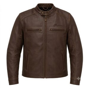 May include: A dark brown leather jacket featuring a mandarin collar with a snap button closure, a full-length front zipper, two zippered chest pockets, and two zippered hand pockets. The text Indian Motorcycle is embossed on the upper left chest.
