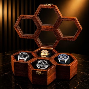 Luxury Wooden Watch Box, Hexagon Watch Organizer, Honeycomb Watch Display Case, Handmade Watch Storage, Watch Collector Gift, Gift for Men