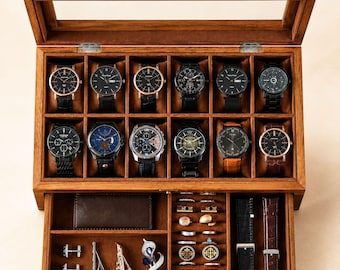 Wooden Watch Box Organizer for Men, 12 Slot Watch Display Case, Glass Top Watch Storage Box, Jewelry Organizer Gift