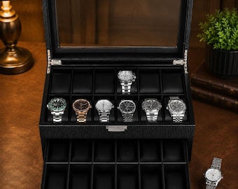 Wooden Watch Box Organizer for Men, 24 Slot Watch Display Case, Glass Top Watch Storage Box, Jewelry Organizer Gift