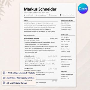 May include: A professional resume template for a Senior Software Engineer named Markus Schneider. The document features a clean, black and white layout with sections for profile, work experience, skills, certifications, and languages in German.