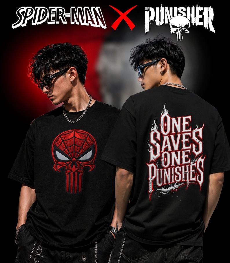 Camiseta Homem-Aranha x Justiceiro | Camiseta com estampa "Um salva, um pune" | Camiseta do Homem-Aranha imagem 1