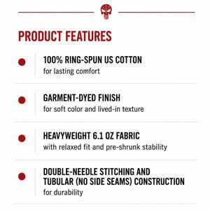 Pode incluir: Um gr&aacute;fico informativo branco com texto vermelho escuro intitulado SPECIFICATIONS. Lista caracter&iacute;sticas do produto, incluindo 100% algod&atilde;o americano fiado em anel, acabamento tingido em pe&ccedil;a, tecido pesado de 6,1 oz, costura dupla e tamanhos S-4XL.