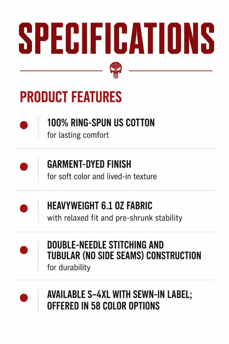 Pode incluir: Um gr&aacute;fico informativo branco com texto vermelho escuro intitulado SPECIFICATIONS. Lista caracter&iacute;sticas do produto, incluindo 100% algod&atilde;o americano fiado em anel, acabamento tingido em pe&ccedil;a, tecido pesado de 6,1 oz, costura dupla e tamanhos S-4XL.