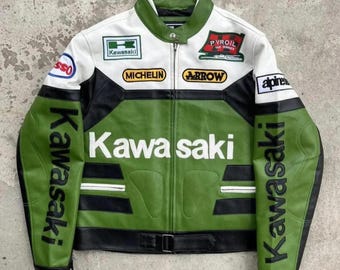 Kawasaki Racing Leather Jacket Men Motorcycle Moto GP Cafe Racer Streetwear Retro Rider Jacket Kawasaki Team Gift