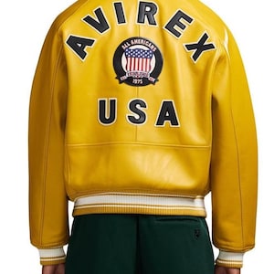 Avirex Leather Varsity Jacket Back Letter Patch Embroidered Bomber Jacket Vintage Streetwear Baseball Jacket Retro College Jacket Gift