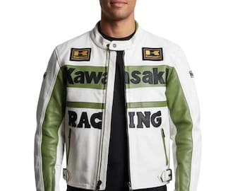 Kawasaki Racing Leather Jacket Motorcycle Biker Jacket Cafe Racer Leather Coat Classic Motorsport Streetwear Genuine Leather Biker Gift