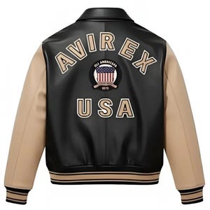 May include: A black and tan varsity jacket featuring the text AVIREX and USA in beige lettering on the back. A circular patch with a United States flag graphic and the text ALL AMERICAN 1975 is centred between the words on the back panel.