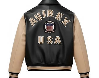 Avirex Men Block Bomber Varsity Jacket American Flight USA Style Fashion Biker Jacket Genuine Cowhide Leather Streetwear Christmas Gift