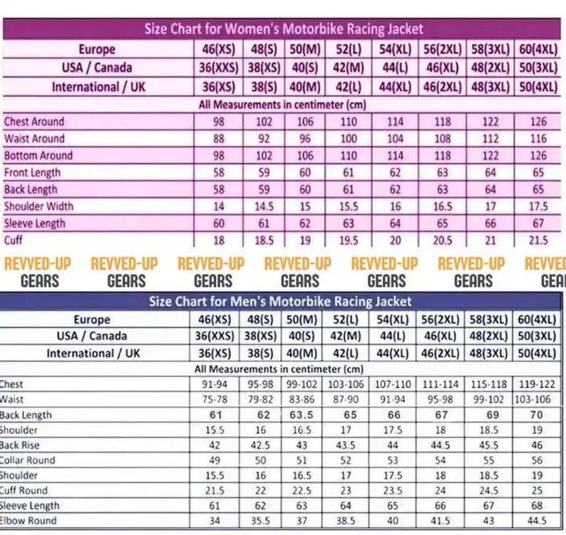 May include: A size chart for motorbike racing jackets with two distinct tables labeled for different body types. The charts display numerical sizing for Europe, USA, Canada, and International/UK regions, with measurements listed in centimetres.