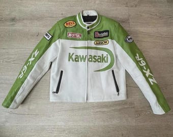 Vintage Kawasaki Motorcycle Racing Leather Jacket Retro Biker Jacket Moto GP Gear Jacket Cafe Racer Leather Coat Motorsport Streetwear Men