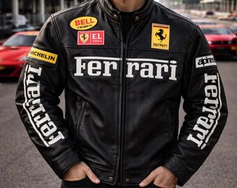 Vintage Ferrari Racing Leather Jacket Men Genuine Cowhide Leather Motorsport Biker Cafe Racer Streetwear Retro Racing Team Patch Jacket Gift