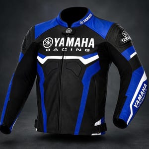 Może przedstawiać: Czarno-niebieska kurtka motocyklowa z białym logo Yamaha Racing na klatce piersiowej, kołnierzu i rękawach. Kurtka posiada białe paski na klatce piersiowej i ramionach, zamek błyskawiczny na całej długości oraz regulowane paski po bokach.