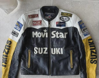 Vintage Movi Star Suzuki Racing Leather Jacket MotoGP Biker Jacket Retro Motorcycle Racer Jacket Y2K Streetwear Genuine Leather Jacket Men