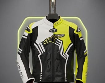 Alpinestar Men Racing Jacket Green Black Genuine Cowhide Leather Protective Armored Inspired Riding Gear Cafe Racer MotoGP Christmas Gift