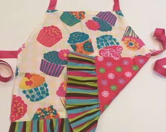 Child's Ruffled Apron / Smock, reversible cupcakes and pink and green print