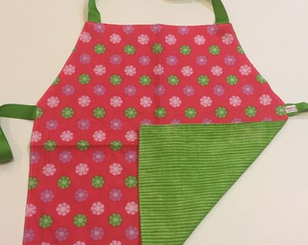 Child's Apron / Smock, reversible pink and green flowers and green stripes