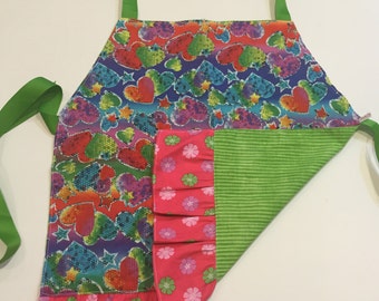 Child's Ruffled Apron / Smock, reversible hearts and green print