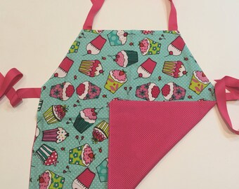 Child's Apron / Smock, reversible cupcakes and pink dots