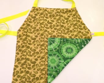 Child's Apron / Smock, reversible leaves and green tie dye print