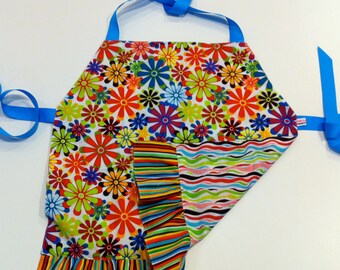 Child's Ruffled Apron / Smock, reversible bright flowers and stripes