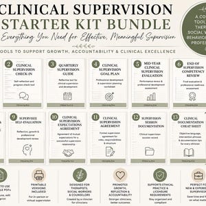 Könnte beinhalten: Ein komplettes 13-Dokumenten-Bundle, das "Clinical Supervision Starter Kit", für Therapeuten und Sozialarbeiter. Enthält Agenden, Leitfäden und Bewertungen. Druckbare PDFs für effektive Supervision.