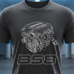B58 Turbo Inline-Six Engine Blueprint T-Shirt, Euro Tuner Car Enthusiast Apparel