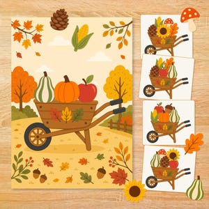 Puede incluir: Una impresión rectangular grande y cuatro tarjetas cuadradas pequeñas con ilustraciones de una carretilla de madera llena de productos de otoño como calabazas, calabacines y manzanas, rodeada de follaje, piñas, bellotas y mazorcas.