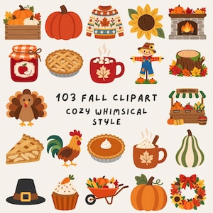 Può includere: Una collezione di 103 illustrazioni digitali a tema autunnale con zucche, un maglione, un girasole, un camino, un barattolo di marmellata, torte, tazze con bevande calde, uno spaventapasseri, un ceppo d'albero, un tacchino, un banco agricolo, un gallo, una zucca, un cappello, un cupcake, una carriola e una ghirlanda.